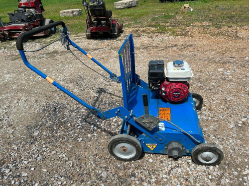 BLUEBIRD WALK-BEHIND POWER RAKE/OVERSEEDER EQUIPMENT WITH HONDA GX160 ENGINE, MANUAL CONTROLS, AND ADJUSTABLE DEPTH SETTINGS