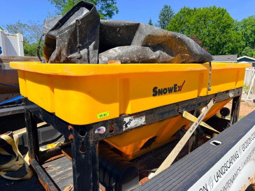 SNOWEX POLY HOPPER TRUCK MOUNT SALT SPREADER WITH STEEL FRAME, ELECTRIC DRIVE SYSTEM, CONTROL BOX, AND TARP COVER