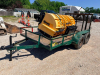 TANDEM AXLE UTILITY TRAILER WITH STEEL FRAME, WOOD DECK, AND MESH RAMP GATE. EQUIPPED WITH 2" BALL HITCH, MANUAL JACK, AND TRAILER LIGHT WIRING. SHOWS SURFACE RUST, PAINT WEAR, AND TIRE WEAR CONSISTENT WITH USE.