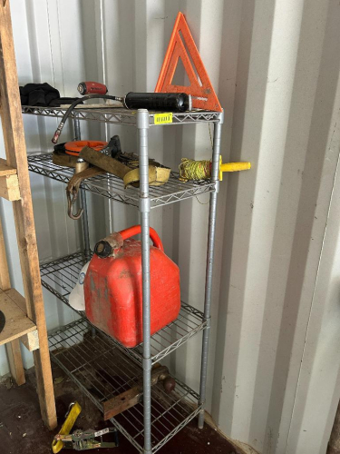 (1) LOT OF ASSORTED ITEMS AND (1) METAL SHELF