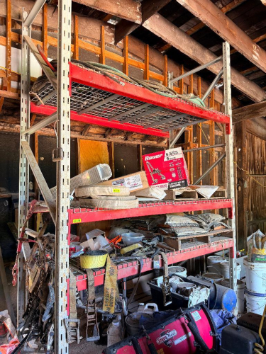 (1) SECTION OF 8' PALLET RACKING WITH (2) UPRIGHTS, (6) CROSS BEAMS, AND WIRE DECKING.