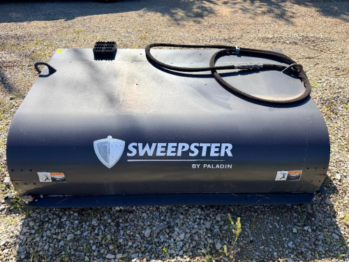 PALADIN SKID STEER SWEEPER ATTACHMENT WITH ENCLOSED HOPPER, HYDRAULIC DRIVE SYSTEM, AND QUICK ATTACH MOUNT. FEATURES FULL WIDTH ROTARY BRUSH, SIDE DISCHARGE, AND MANUAL/ HYDRAULIC DUMP ACCESS.