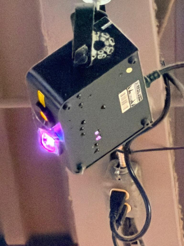 (2) PARTY / DJ LIGHTING EFFECT UNITS INCLUDING BLUE LASER EFFECT LIGHT AND MINI MULTI-COLOR LED PROJECTOR LIGHT WITH MOUNTING BRACKETS AND POWER CORDS.
