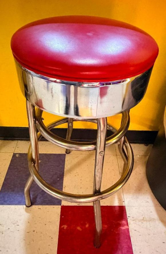 (2) RETRO-STYLE COMMERCIAL BAR STOOL WITH PADDED RED VINYL SEAT.
