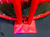 COMMERCIAL INFLATABLE 18 FT SLIDE WITH BLOWER AND ROUND MULTI-LEVEL CLIMBING PLAY STRUCTURE. INCLUDES INFLATABLE SLIDE, BLOWER FAN, METAL FRAME PLAY TOWER, NETTING, AND PADDED SUPPORTS. DISASSEMBLY REQUIRED. - 13