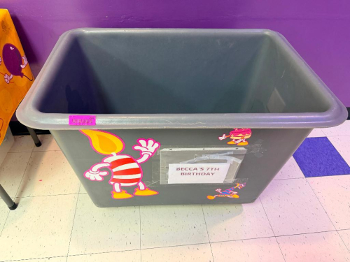 GREY PLASTIC HOPPER ON CASTERS.