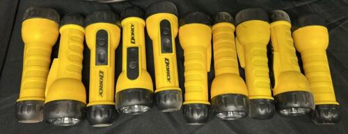 (10) YELLOW PLASTIC " C " BATTERY FLASH LIGHTS.