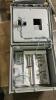 HOFFMAN ELECTRICAL CONTROL PANEL ENCLOSURE WITH PRE-WIRED TERMINAL BLOCKS, DIN RAIL COMPONENTS, STATUS INDICATOR LIGHTS, AND VIEWING WINDOW. STEEL NEMA-TYPE ENCLOSURE WITH LOCKING HANDLE. INTERIOR CONTAINS TERMINAL STRIPS, CIRCUIT PROTECTION COMPONENTS, A - 8