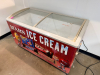 EXCELLENCE COMMERCIAL GLASS TOP CHEST FREEZER WITH SLIDING GLASS LIDS, GRAPHIC EXTERIOR PANELS, AND MOBILE CASTER BASE. - 2