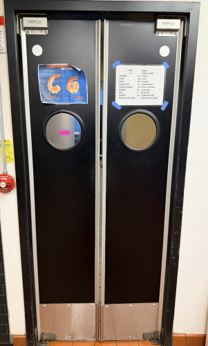 ELIASON 36" X 80" DOUBLE KITCHEN SWING DOOR W/ PORT WINDOW AND STAINLESS KICK PLATE.