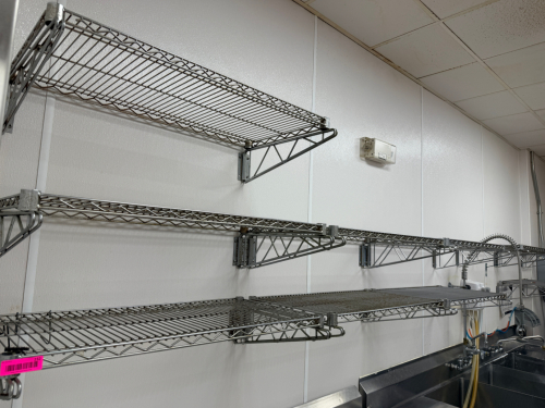 (11) 30" X 12" WALL MOUNTED WIRE SHELVES.