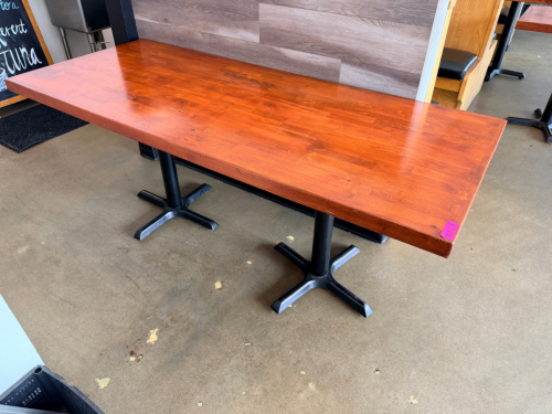 72" X 30" WOODEN TABLE W/ DOUBLE PEDESTAL BASE.