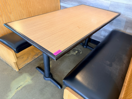 60" X 30" LAMINATE WOOD TABLE W/ DOUBLE PEDESTAL BASE.