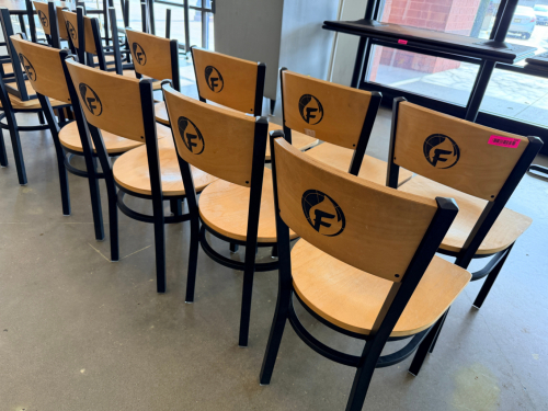 (8) 30" METAL FRAMED CHAIRS W/ WOODEN SEATS AND BACKS.
