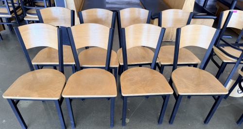(8) 30" METAL FRAMED CHAIRS W/ WOODEN SEATS AND BACKS.