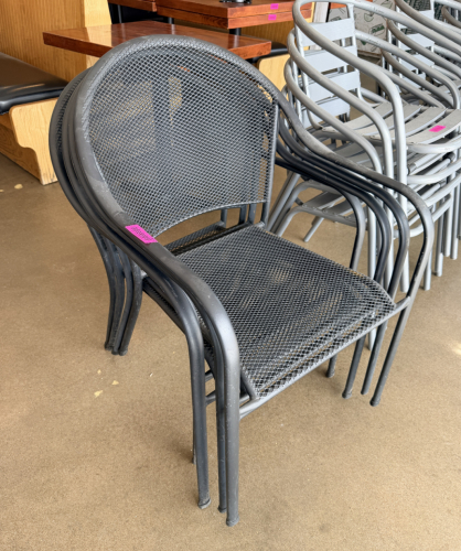 (4) METAL PATIO CHAIRS W/ MESH SEATS. (STACKING )