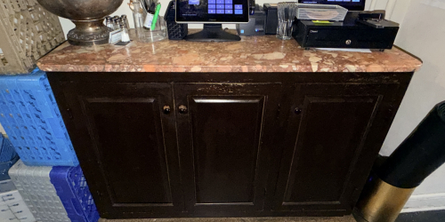 62" DARK WOOD HOST / SERVICE CABINET WITH ROSE MARBLE TOP