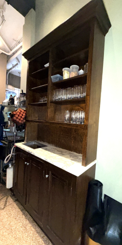 56" X 19" X 10' DARK WOOD COMMERCIAL BACK BAR / SERVICE HUTCH WITH MARBLE TOP