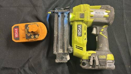 (1) RYOBI 18V CORDLESS AIRSTRIKE 18- GAUGE BRAD NAILER AND (1) YELLOW RYOBI 18V BATTERY