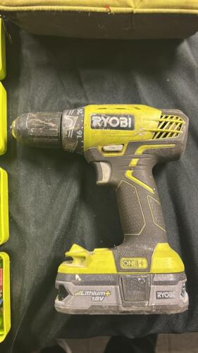 (1) USED RYOBI ONE 18V DRILL WITH ASSORTED BITS AND BAG