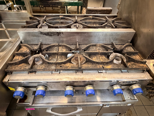 IMPERIAL SIX BURNER SPLIT LEVEL COUNTER TOP RANGE.