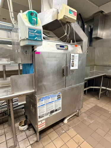 HOBART FLIGHT TYPE DISHWASHER SYSTEM WITH VENT HOOD AND ECOLAB DISPENSERS