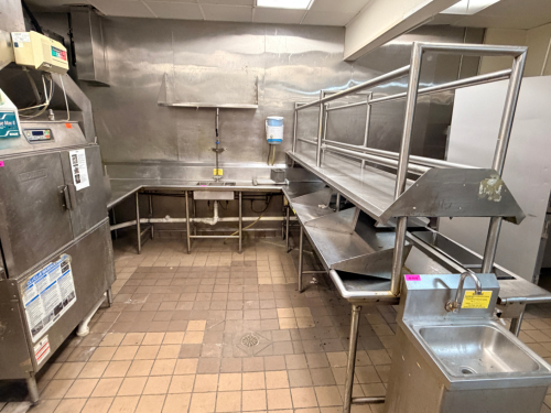 10' X 7' " J " SHAPED RIGHT SIDE STAINLESS SOIL TABLE W/ SPRAYER STATION AND RISER SHELF.
