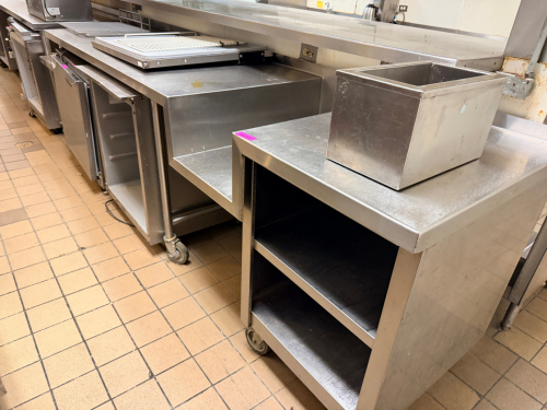 10' X 30" CUSTOM STAINLESS PREP TABLE W/ LOWER STORAGE.