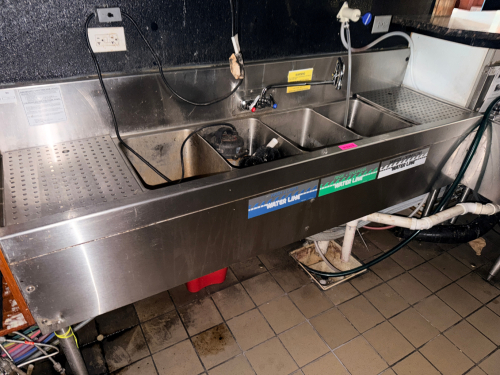 72" FOUR WELL UNDER BAR STAINLESS SINK W/ SINGLE FAUCET.