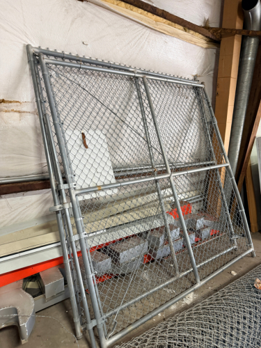 (3) 8' GALVANIZED METAL GATE SECTIONS, SEVERAL POLES, AND (2) ROLLS OF CHAIN LINK FENCING.