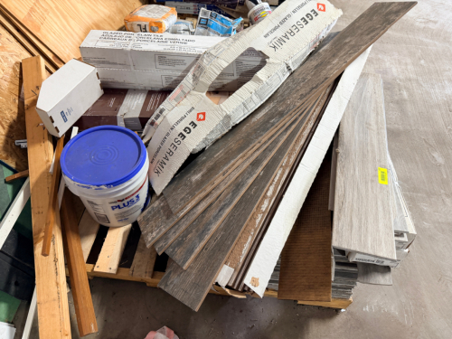 (1) PALLET OF BUILDING SUPPLIES AND ASSORTED TILE.