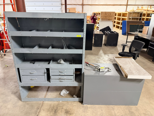 48" METAL PARTS SHELF AND (1) 2 DRAWER LATERAL CABINET,
