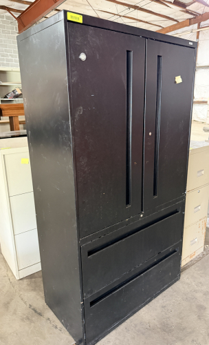TWO DOOR METAL STORAGE CABINET W/ LATERAL BASE.