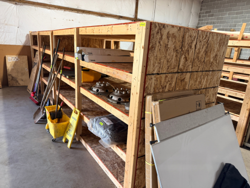 20' X 4' SECTIONS OF CUSTOM BUILD LUMBER WAREHOUSE SHELVING