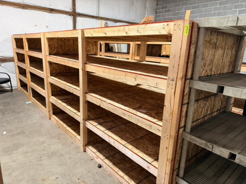 20' X 4' SECTIONS OF CUSTOM BUILD LUMBER WAREHOUSE SHELVING