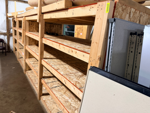 20' X 4' SECTIONS OF CUSTOM BUILD LUMBER WAREHOUSE SHELVING