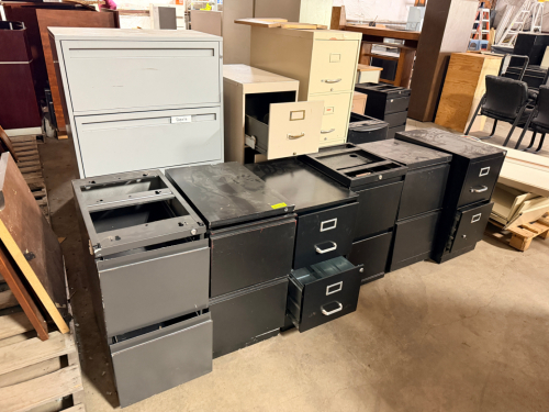 (11) ASSORTED HALF SIZE, LATERAL, AND FOUR DRAWER METAL FILE CABINETS.