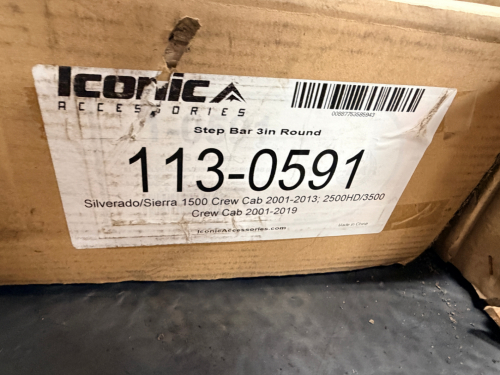 113-0591 STEP BAR 3IN ROUND FOR SILVERADO/SIERRA 1500 CREW CAB 2001-2013 AND 2500HD/3500 CREW CAB 2001-2019.