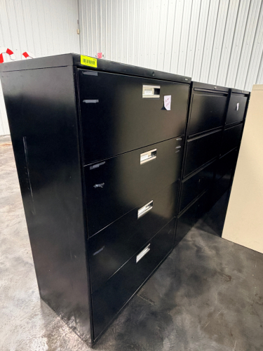 (3) FOUR DRAWER BLACK LATERAL FILE CABINETS.