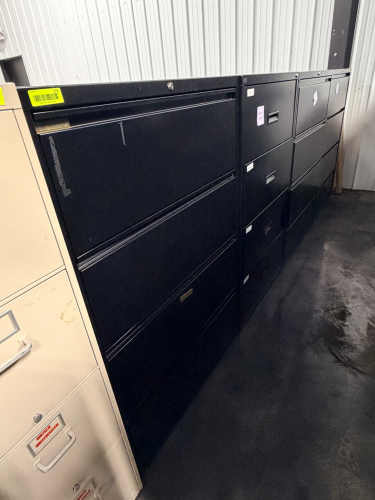 (4) FOUR DRAWER BLACK LATERAL FILE CABINETS.