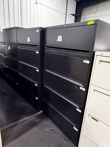 (3) FOUR DRAWER BLACK LATERAL FILE CABINETS.
