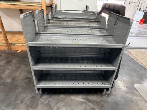 (6) 48" HALF SIZE METAL PARTS SHELVES / HUTCHES