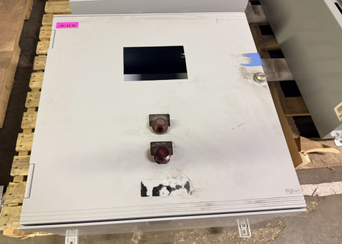 HOFFMAN ELECTRICAL CONTROL PANEL ENCLOSURE WITH PRE-WIRED TERMINAL BLOCKS, DIN RAIL COMPONENTS, STATUS INDICATOR LIGHTS, AND VIEWING WINDOW. STEEL NEMA-TYPE ENCLOSURE WITH LOCKING HANDLE. INTERIOR CONTAINS TERMINAL STRIPS, CIRCUIT PROTECTION COMPONENTS, A
