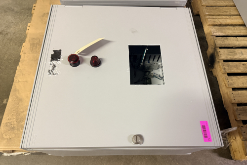 HOFFMAN ELECTRICAL CONTROL PANEL ENCLOSURE WITH PRE-WIRED TERMINAL BLOCKS, DIN RAIL COMPONENTS, STATUS INDICATOR LIGHTS, AND VIEWING WINDOW. STEEL NEMA-TYPE ENCLOSURE WITH LOCKING HANDLE. INTERIOR CONTAINS TERMINAL STRIPS, CIRCUIT PROTECTION COMPONENTS, A