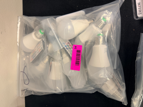 (10) LED RGB LIGHT BULBS W/ COLOR CHANGE REMOTE.