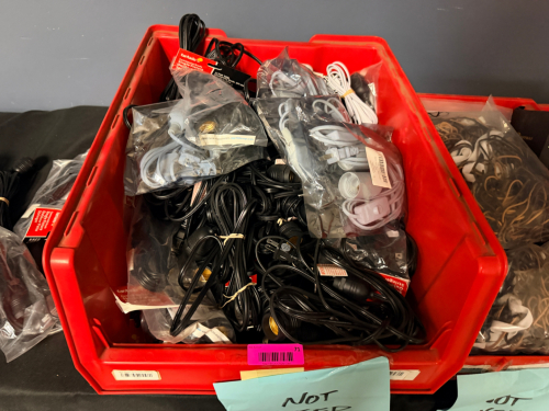 RED PLASTIC TOTE AND CONTENTS - SINGLE GROUP WORK LIGHTS W/ CORDS.