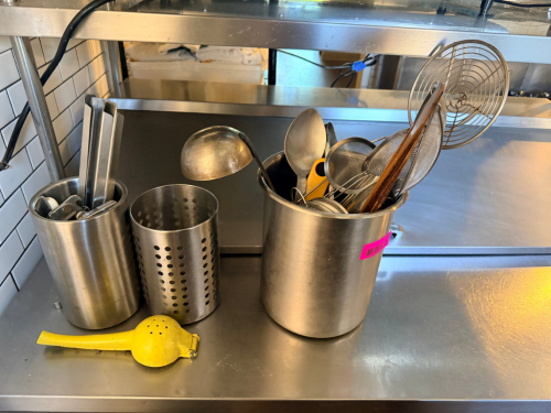 (1) LOT OF ASSORTED STAINLESS UTENSILS.