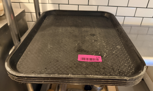 (4) BLACK PLASTIC CAF&Eacute; TRAYS.