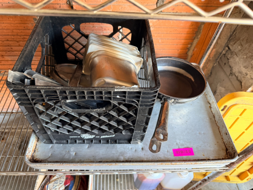 (3) FULL SIZE SHEET PANS, SKILLETS, AND ASSORTED INSERTS.
