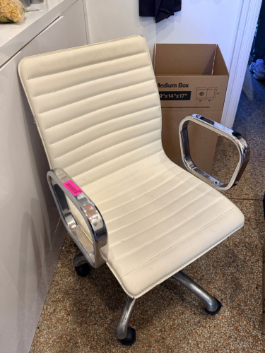 ROLL ABOUT CHROME OFFICE CHAIR W/ WHITE PADDED SEAT AND 48" WORK STATION DESK